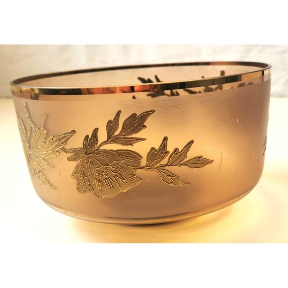 Amber Glass Vintage Gold Floral Accents Serving Dish Gold Gilt Band - Picture 5 of 9